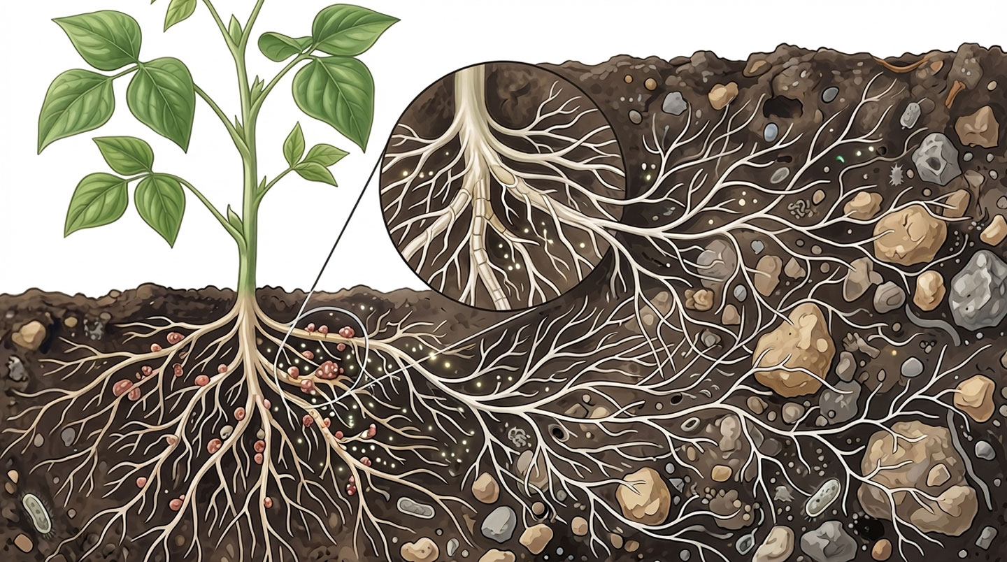 Plant de niébé déraciné tenu par un agriculteur, montrant racines blanches avec nodosités racinaires visibles (petites excroissances arrondies) fixant l'azote atmosphérique
