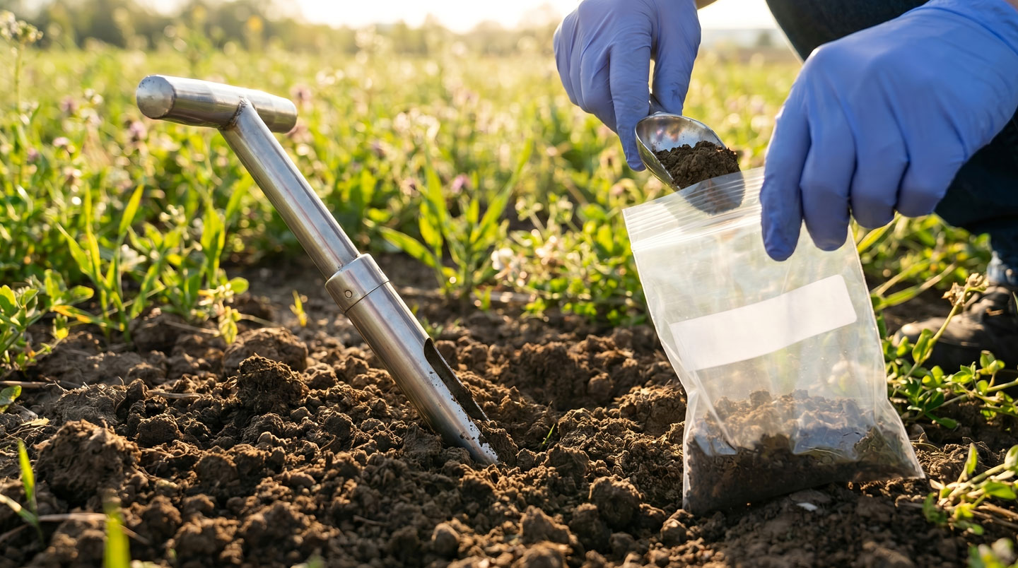 Profil de sol agricole dégradé montrant un horizon supérieur compacté et appauvri, avec la main gantée d'un agriculteur testant la texture friable entre les doigts.