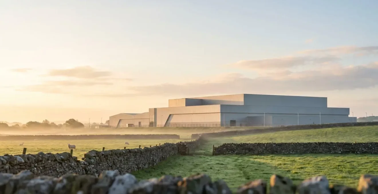 Vue symbolique du parcours d'un animal jusqu'a la viande dans un abattoir breton moderne