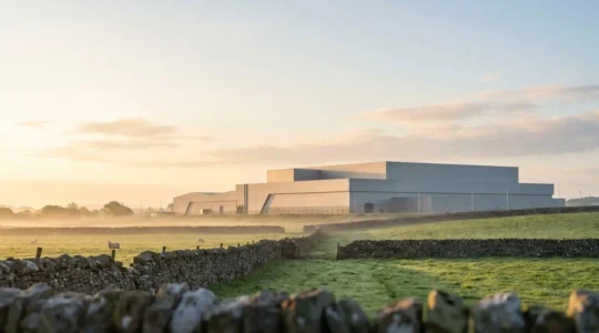 Vue symbolique du parcours d'un animal jusqu'a la viande dans un abattoir breton moderne