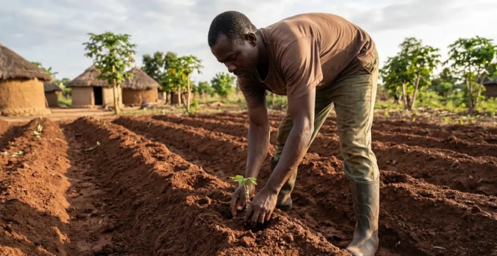 Agriculteur africain en train de planter des semences sur parcelle préparée, illustrant la mise en œuvre concrète d'un plan de rotation culturale sur petite exploitation familiale