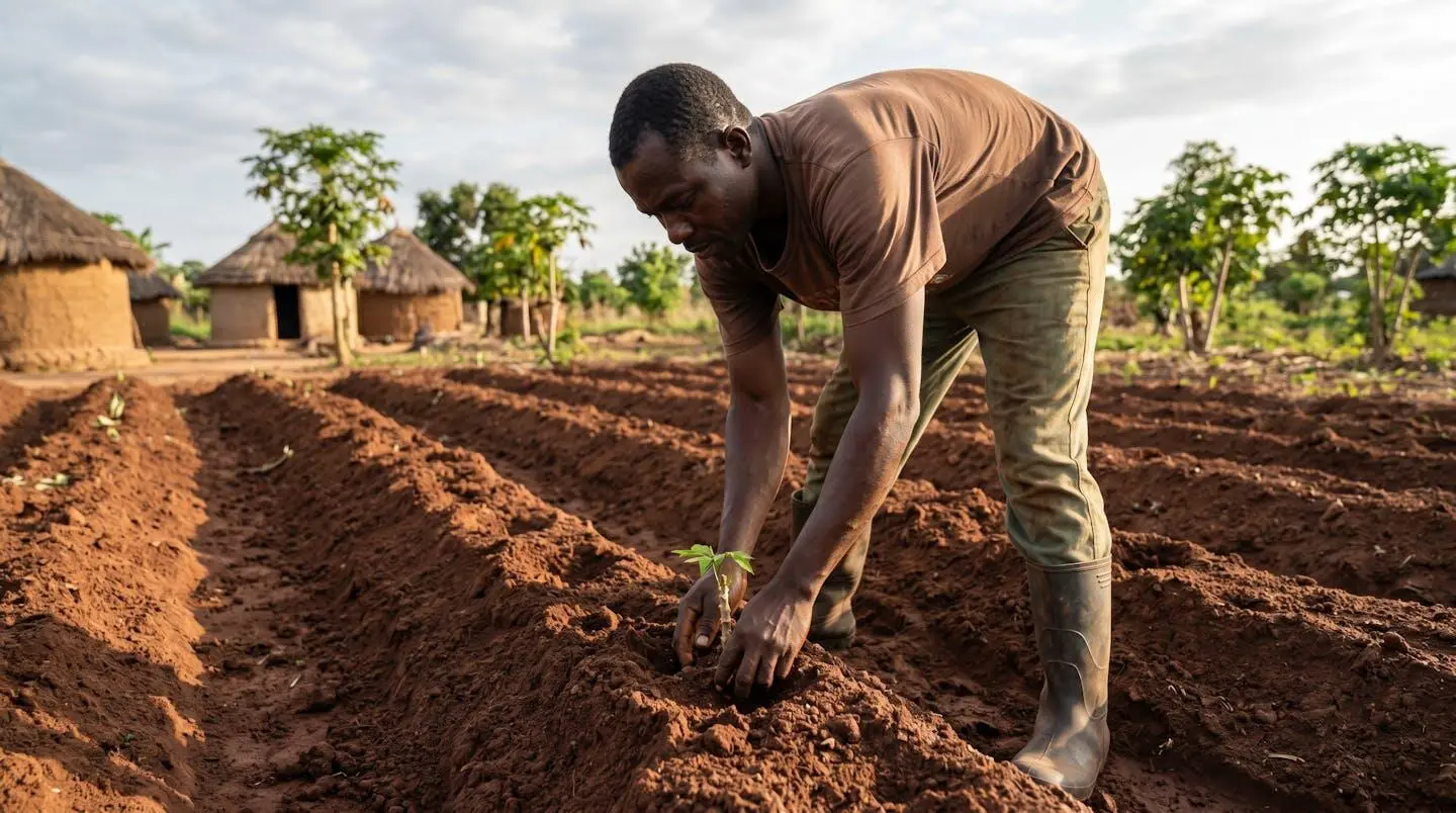 Agriculteur africain en train de planter des semences sur parcelle préparée, illustrant la mise en œuvre concrète d'un plan de rotation culturale sur petite exploitation familiale