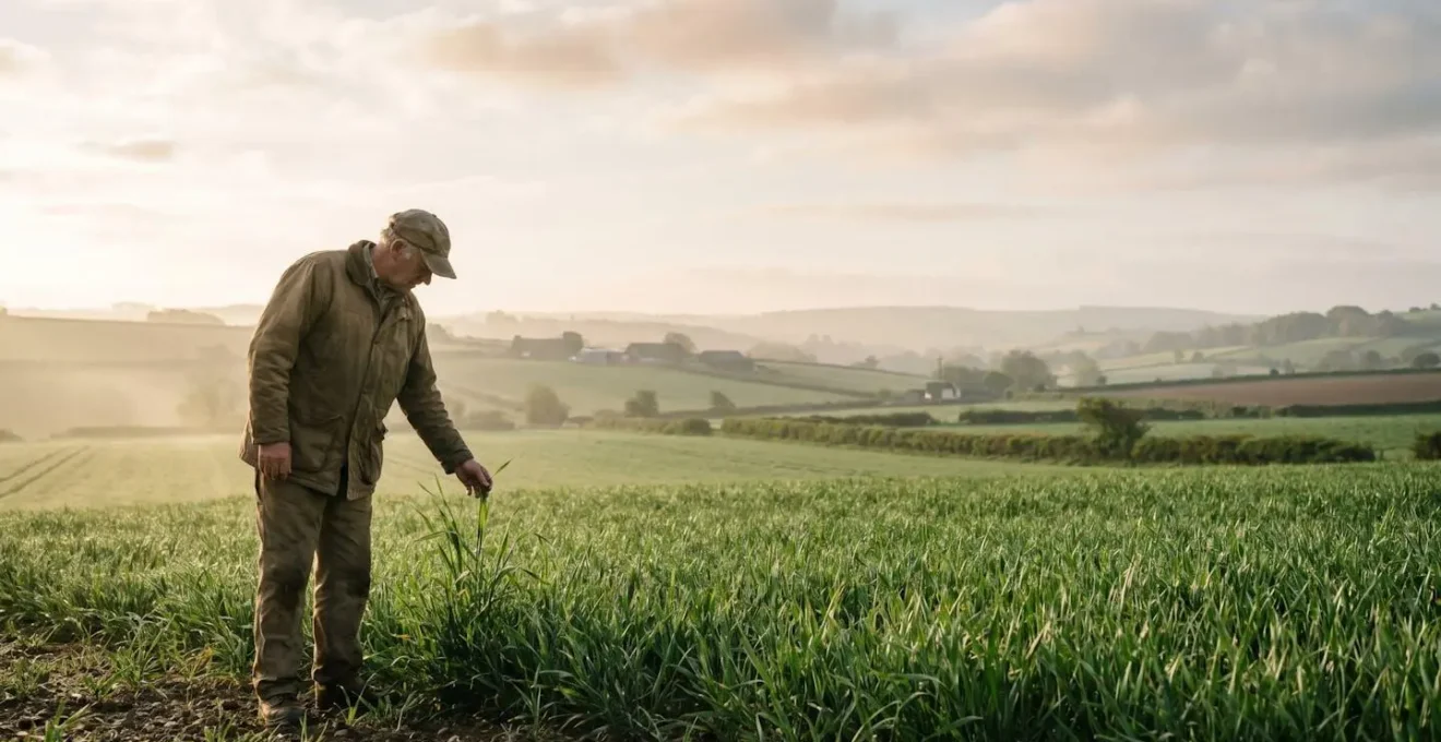 Agriculteur observant un champ de céréales verdoyant au lever du jour, symbolisant l'équilibre entre fertilisation et respect de l'environnement