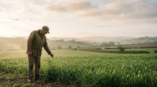 Agriculteur observant un champ de céréales verdoyant au lever du jour, symbolisant l'équilibre entre fertilisation et respect de l'environnement