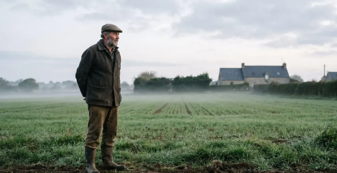 Agriculteur breton observant son champ au lever du jour, symbole de la transition vers une agriculture moins dépendante aux pesticides