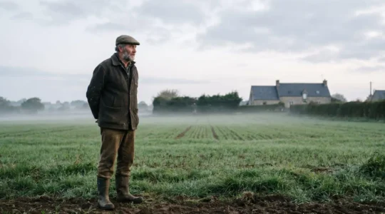 Agriculteur breton observant son champ au lever du jour, symbole de la transition vers une agriculture moins dépendante aux pesticides