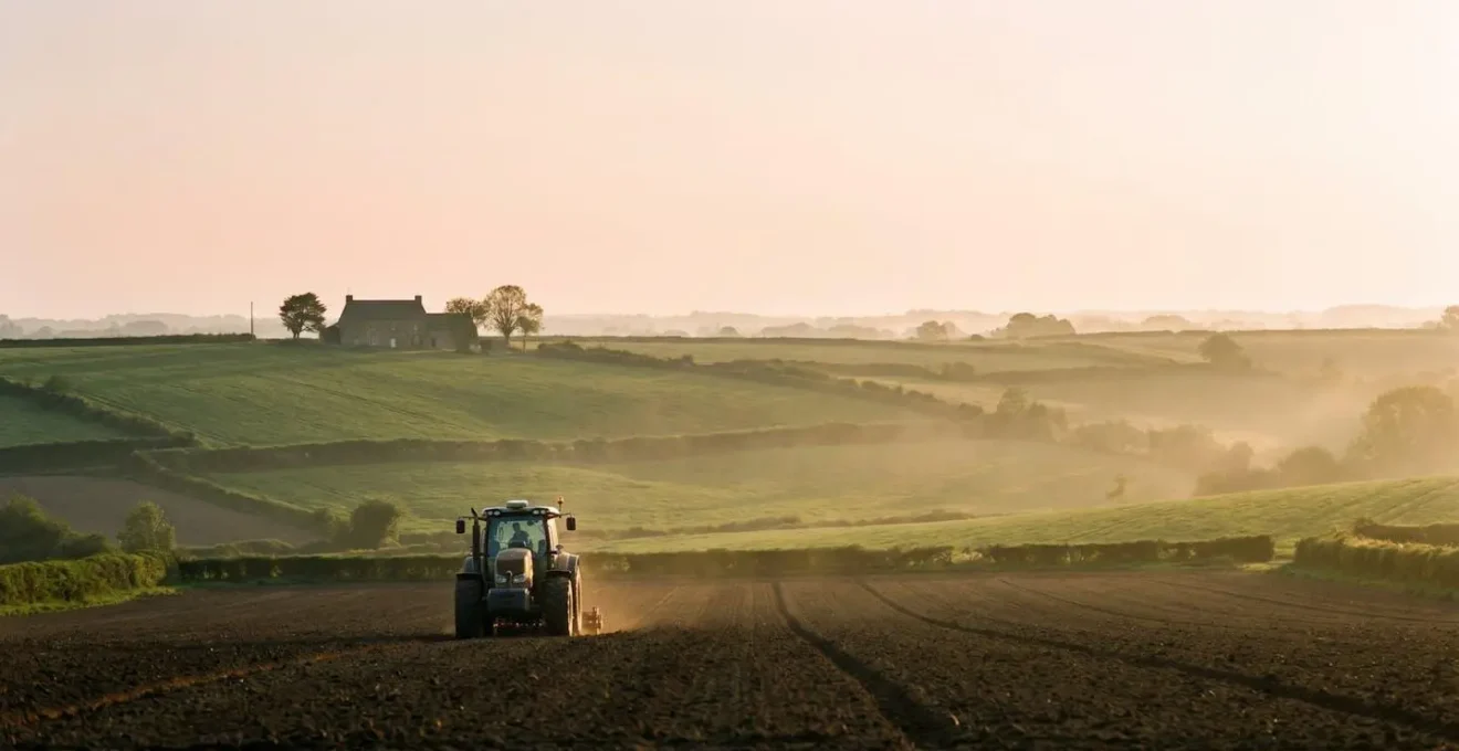 Champ agricole breton au lever du jour avec un tracteur moderne équipé de capteurs de precision, symbolisant l'innovation technologique agricole