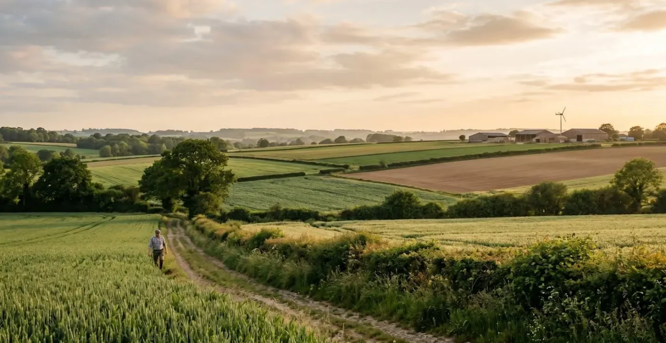 Exploitation agricole moderne illustrant l'équilibre entre performance économique et respect de l'environnement