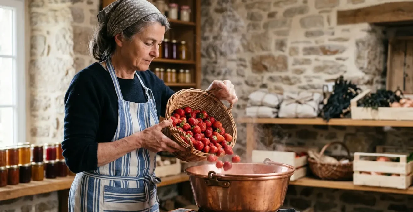 Artisan confiturier breton versant des fraises fraîches de Plougastel dans un chaudron en cuivre, dans un atelier baigné de lumière naturelle