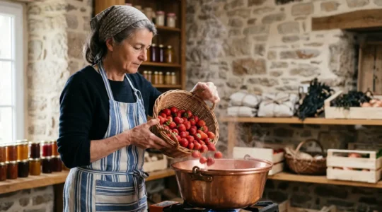 Artisan confiturier breton versant des fraises fraîches de Plougastel dans un chaudron en cuivre, dans un atelier baigné de lumière naturelle