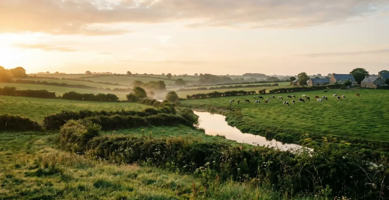Paysage agricole breton avec bocage, prairie et vaches illustrant l'équilibre entre production agricole et protection de l'environnement