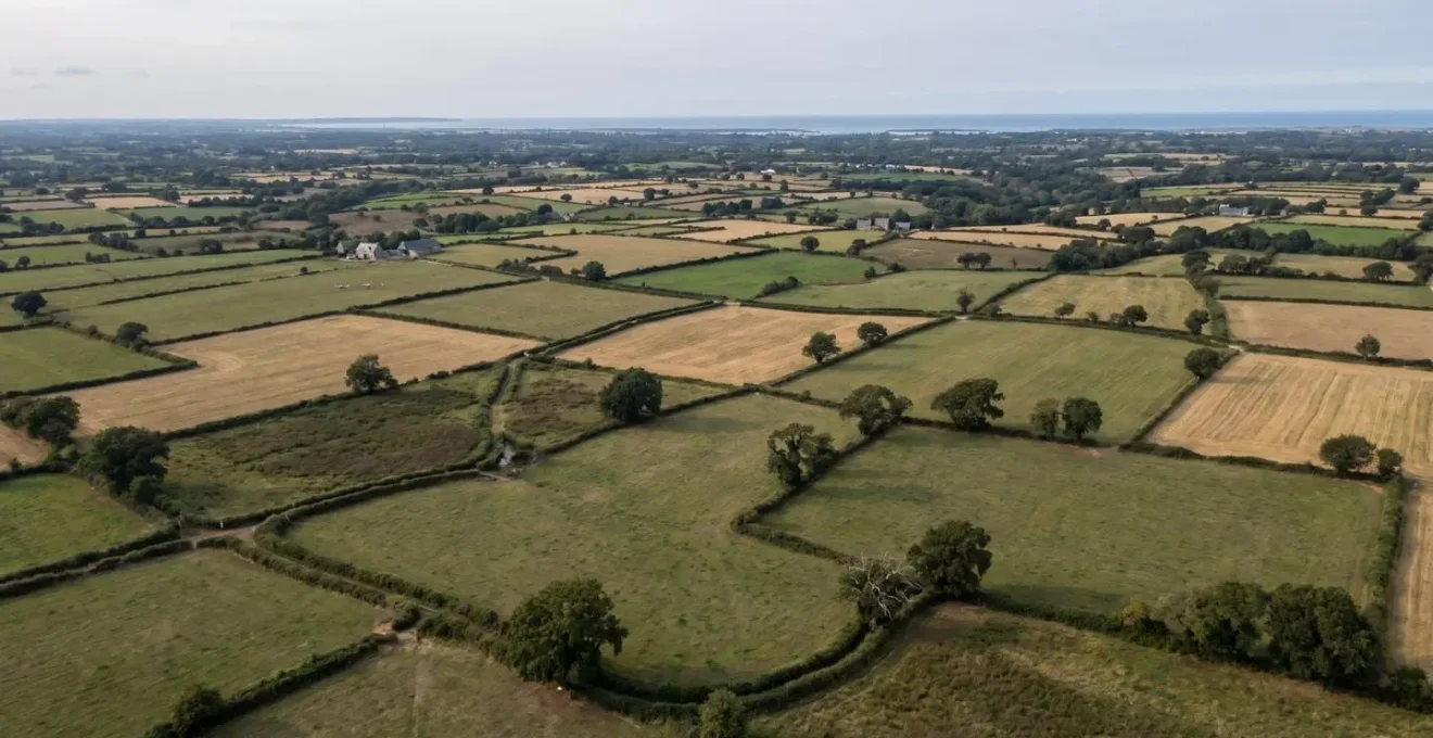 Vue aérienne d'une mosaïque de champs bretons entourés de haies bocagères, illustrant l'étendue des terres agricoles régionales