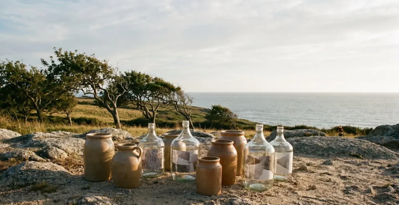 Vue large et épurée d'un littoral breton au crépuscule avec des contenants de fermentation artisanaux évoquant l'effervescence des boissons locales