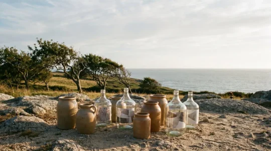 Vue large et épurée d'un littoral breton au crépuscule avec des contenants de fermentation artisanaux évoquant l'effervescence des boissons locales