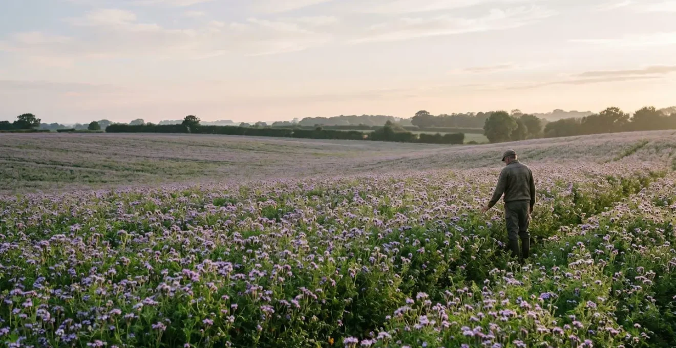 Champ agricole verdoyant recouvert d'un engrais vert en fleurs sous une lumiere douce d'automne, symbole de fertilite naturelle des sols