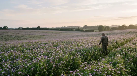 Champ agricole verdoyant recouvert d'un engrais vert en fleurs sous une lumiere douce d'automne, symbole de fertilite naturelle des sols