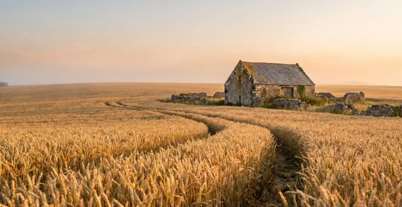 Vaste champ de blé mûr en Bretagne au coucher du soleil, avec une ancienne étable en arrière-plan symbolisant la transition de l'élevage vers les grandes cultures