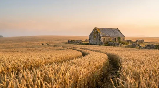 Vaste champ de blé mûr en Bretagne au coucher du soleil, avec une ancienne étable en arrière-plan symbolisant la transition de l'élevage vers les grandes cultures