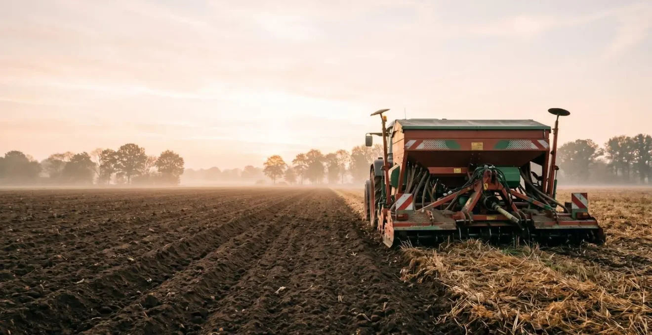 Semoir agricole positionne au bord d'un champ prepare, symbolisant le choix entre differents systemes de semis