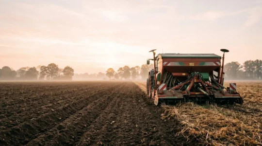 Semoir agricole positionne au bord d'un champ prepare, symbolisant le choix entre differents systemes de semis