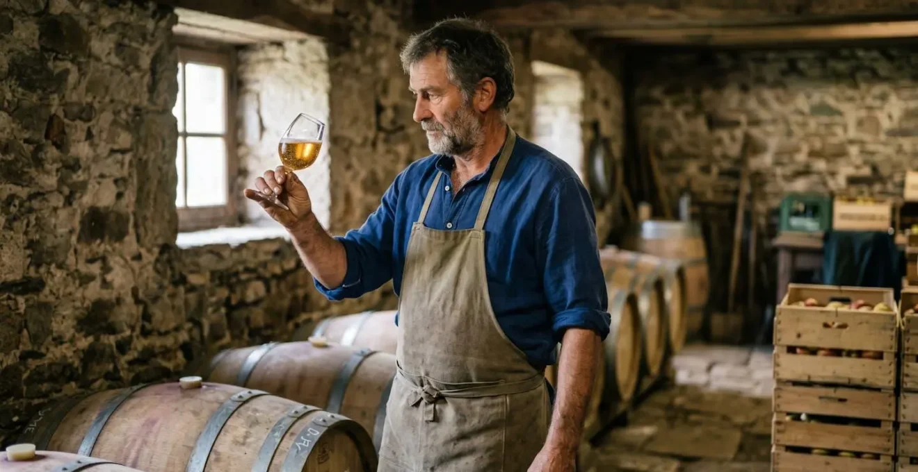 Un producteur cidricole finistérien observe les bulles fines d'un cidre artisanal dans un chai en pierre baigné de lumière naturelle