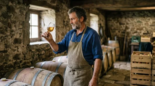 Un producteur cidricole finistérien observe les bulles fines d'un cidre artisanal dans un chai en pierre baigné de lumière naturelle
