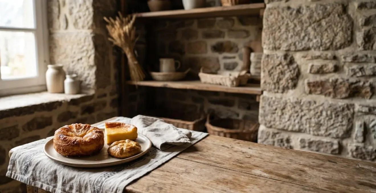 Assortiment de viennoiseries bretonnes dont un kouign-amann doré posé sur une table en bois rustique dans une boulangerie traditionnelle