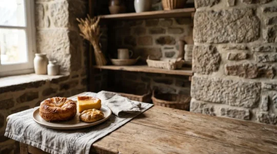 Assortiment de viennoiseries bretonnes dont un kouign-amann doré posé sur une table en bois rustique dans une boulangerie traditionnelle
