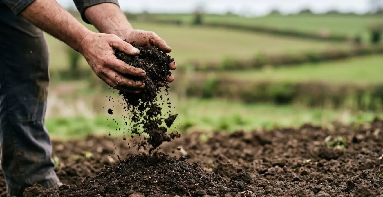 Gros plan artistique sur un sol enrichi de compost mûr tenu dans des mains, symbole de fertilité naturelle