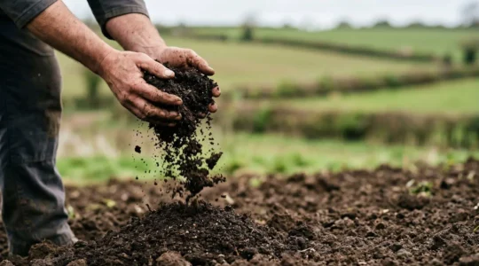 Gros plan artistique sur un sol enrichi de compost mûr tenu dans des mains, symbole de fertilité naturelle
