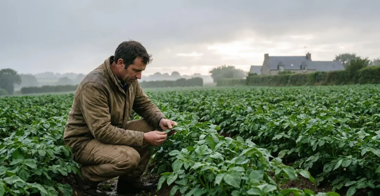 Agriculteur inspectant des cultures traitées avec un produit de biocontrole dans un champ breton sous un ciel pluvieux