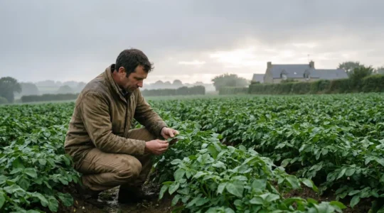 Agriculteur inspectant des cultures traitées avec un produit de biocontrole dans un champ breton sous un ciel pluvieux