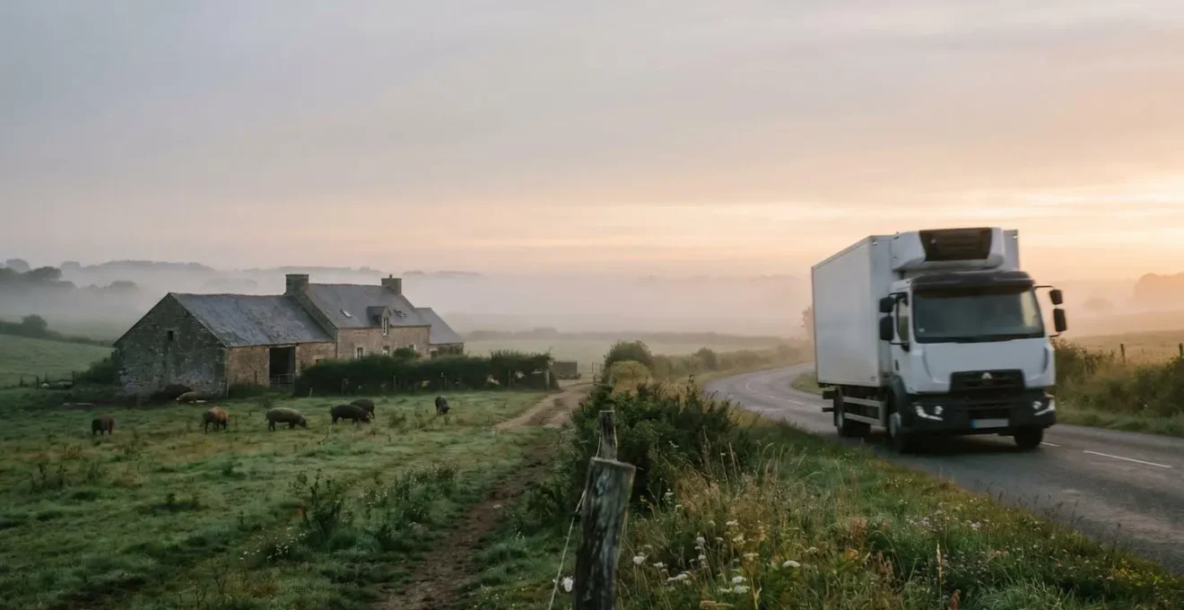 Paysage agricole breton au petit matin illustrant le parcours de la viande de l'élevage jusqu'au consommateur