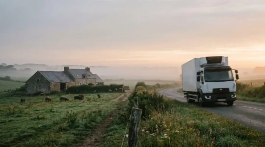 Paysage agricole breton au petit matin illustrant le parcours de la viande de l'élevage jusqu'au consommateur