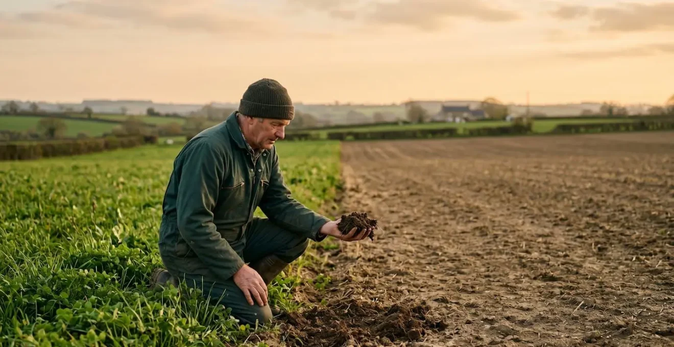 Agriculteur observant la structure d'une motte de terre dans un champ verdoyant en fin de journée, symbole du diagnostic et de la restauration de la fertilite des sols
