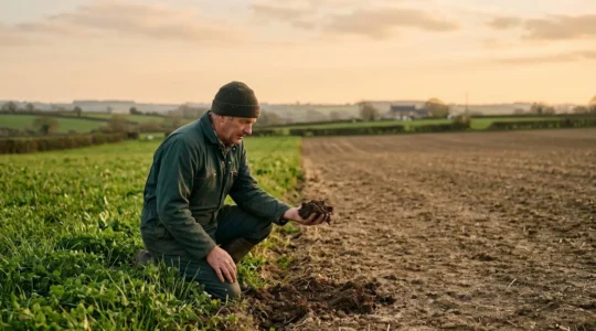 Agriculteur observant la structure d'une motte de terre dans un champ verdoyant en fin de journée, symbole du diagnostic et de la restauration de la fertilite des sols
