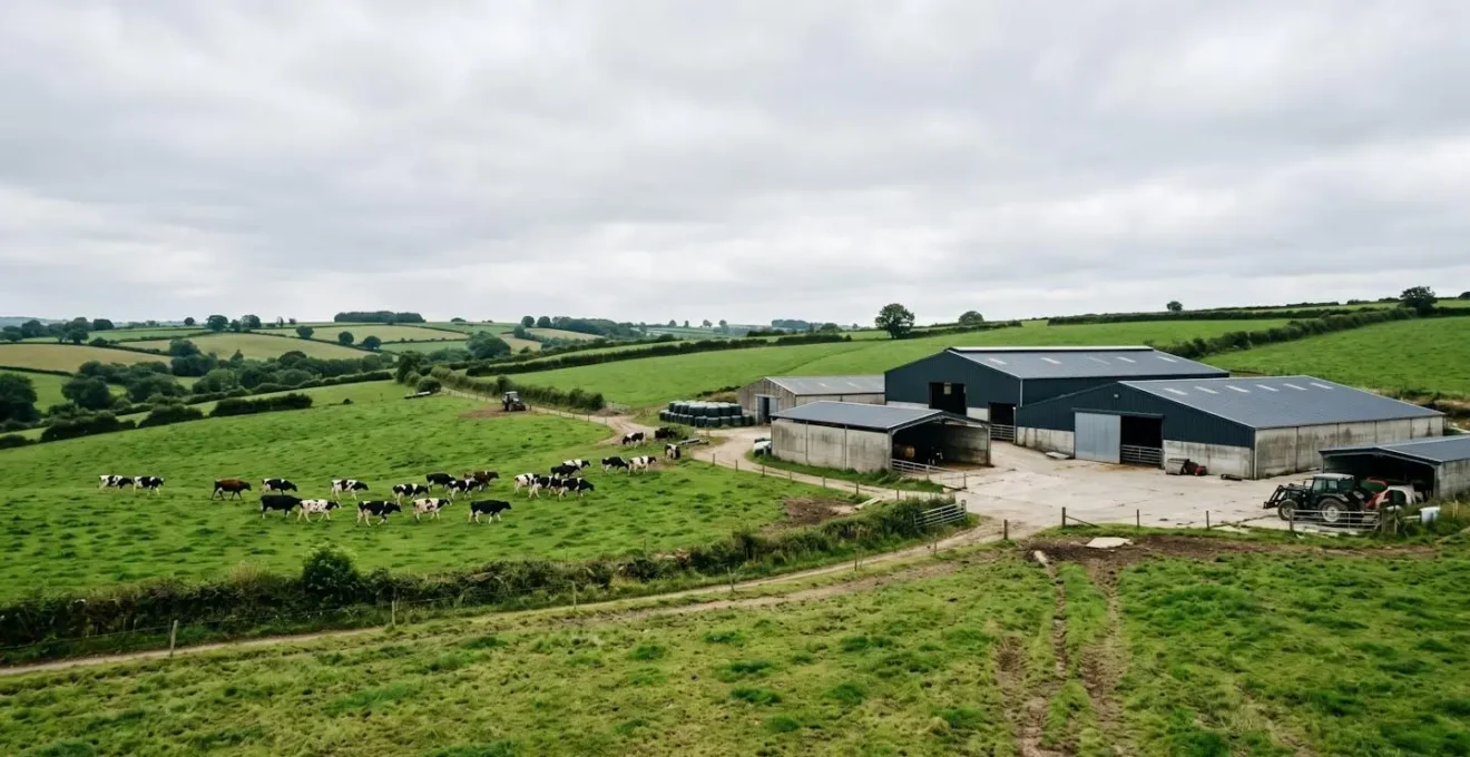 Vue d'ensemble d'une exploitation agricole bretonne avec bâtiments d'élevage et prairies verdoyantes