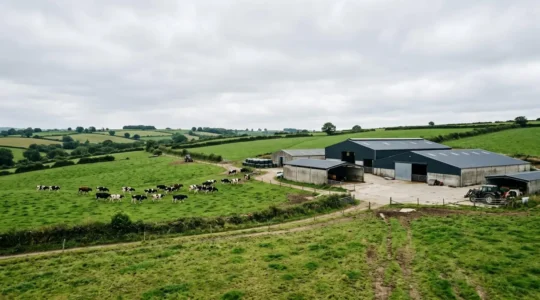 Vue d'ensemble d'une exploitation agricole bretonne avec bâtiments d'élevage et prairies verdoyantes