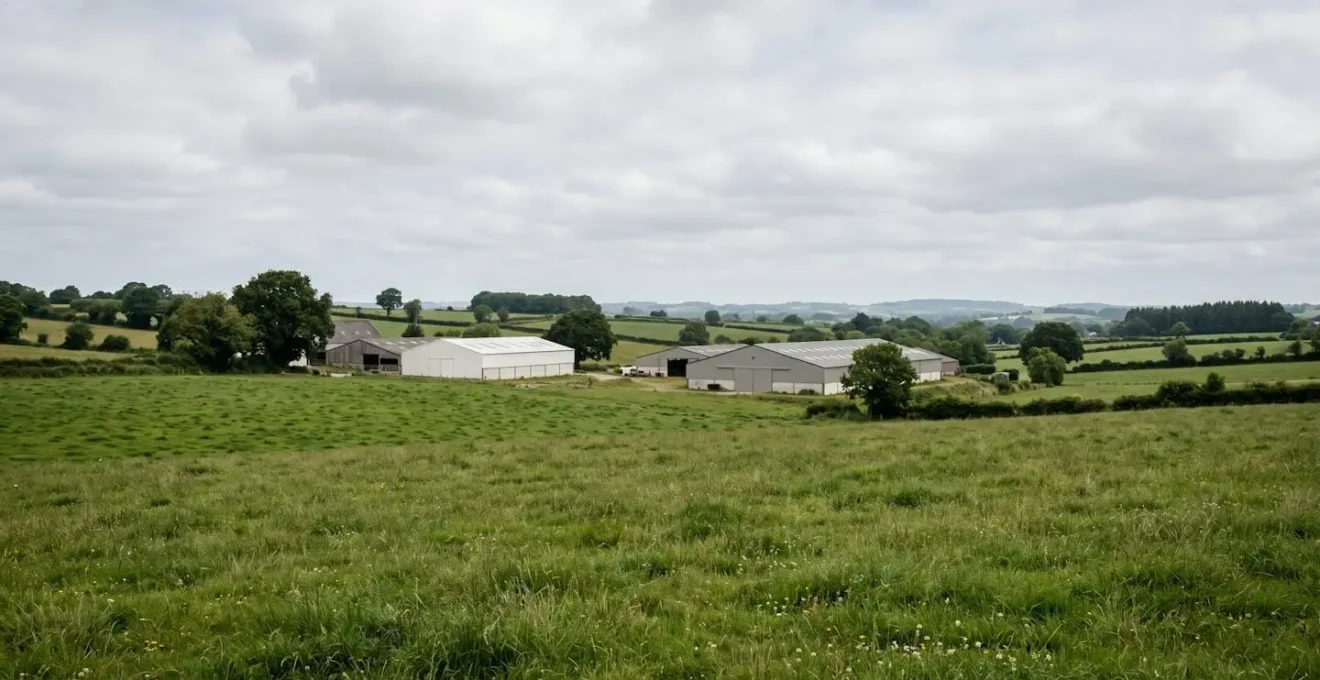 Paysage agricole breton avec prairies verdoyantes et bâtiments d'élevage sous ciel océanique typique de la région