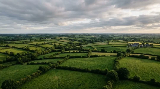 Vue panoramique de paysages agricoles bretons avec bocages et prairies verdoyantes sous ciel nuageux