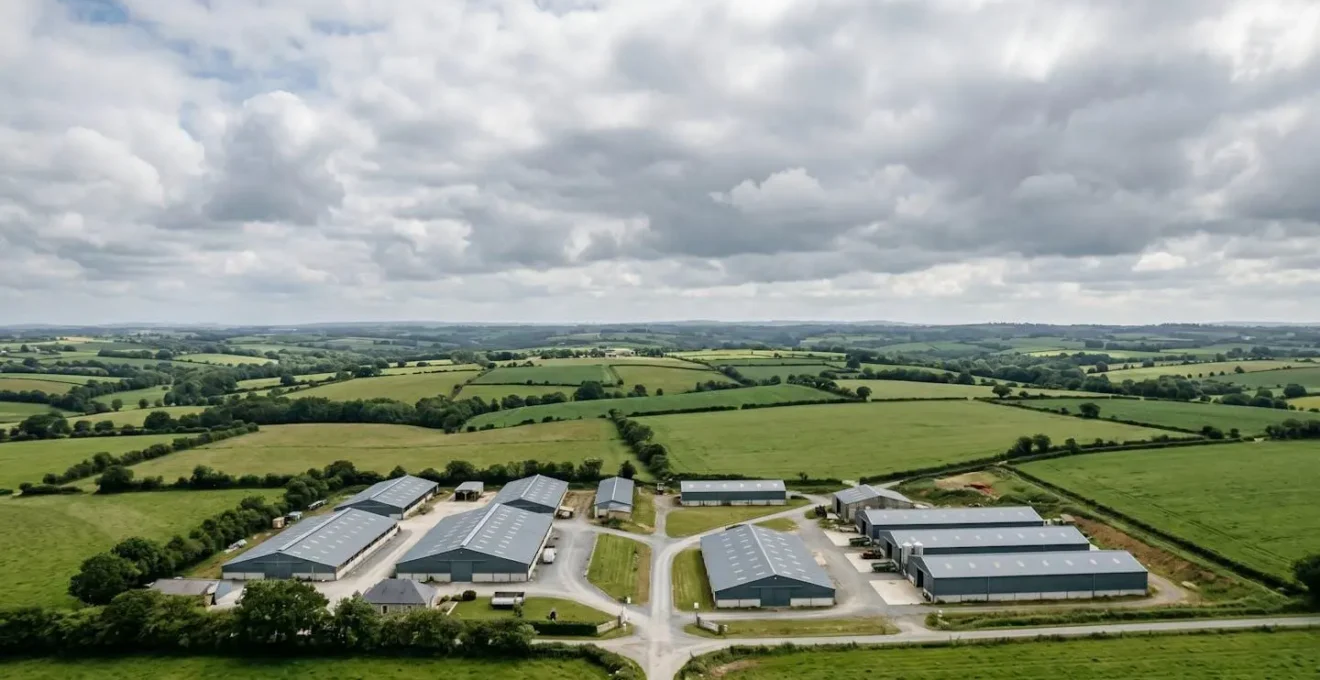 Vue aerienne d'installations agricoles bretonnes specialisees dans la production porcine illustrant la concentration industrielle de la filiere