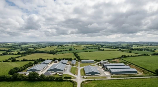 Vue aerienne d'installations agricoles bretonnes specialisees dans la production porcine illustrant la concentration industrielle de la filiere