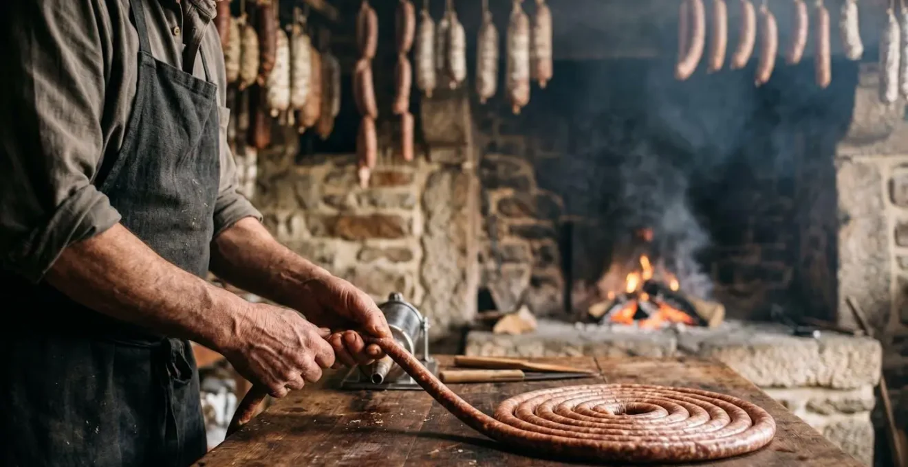 Charcutier artisan breton manipulant des boyaux enroulés en cercles concentriques dans un fumoir traditionnel en pierre