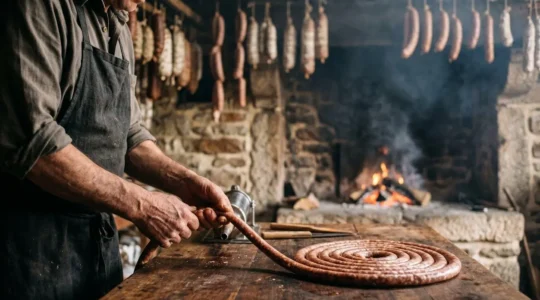 Charcutier artisan breton manipulant des boyaux enroulés en cercles concentriques dans un fumoir traditionnel en pierre