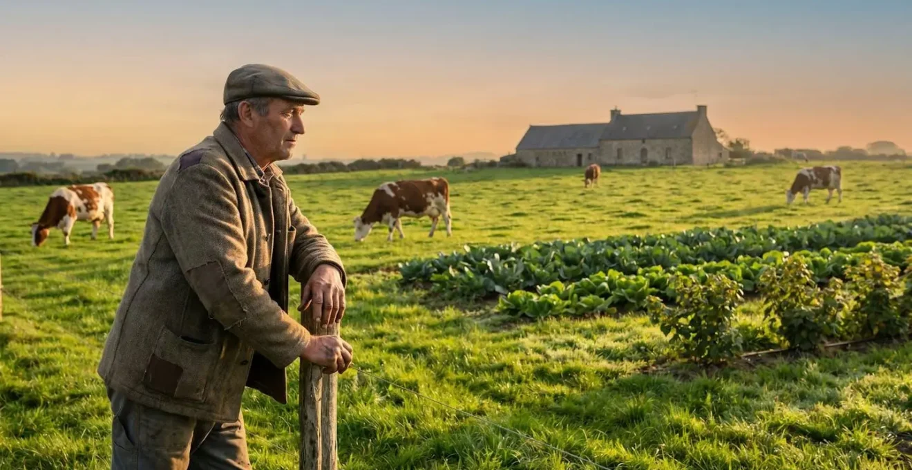 Vue d'ensemble d'une ferme biologique bretonne mêlant pâturage laitier et parcelles maraîchères sous une lumière douce de fin d'après-midi