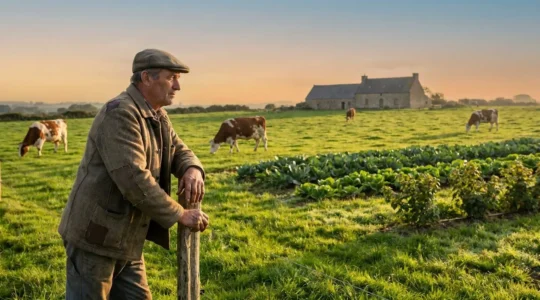 Vue d'ensemble d'une ferme biologique bretonne mêlant pâturage laitier et parcelles maraîchères sous une lumière douce de fin d'après-midi