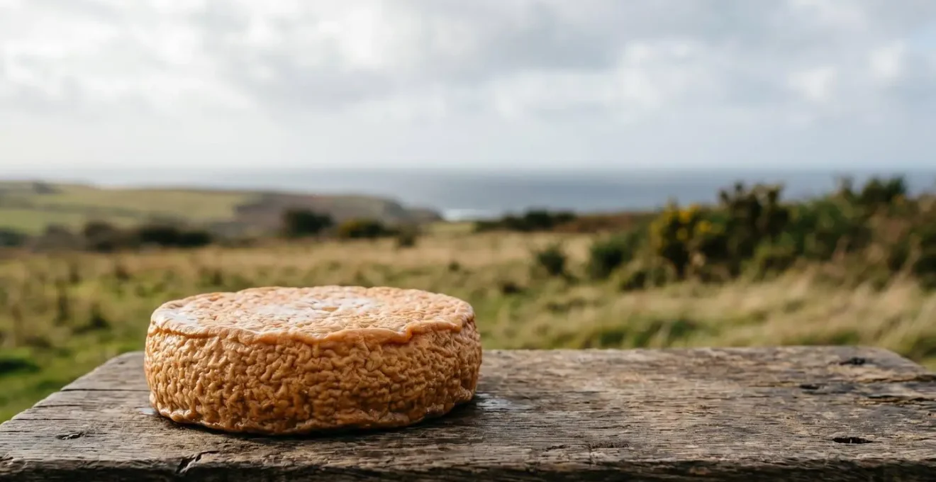 Plateau artisanal de fromages du Finistère posé sur une table en bois, avec en arrière-plan une prairie côtière brumeuse évoquant le climat océanique breton