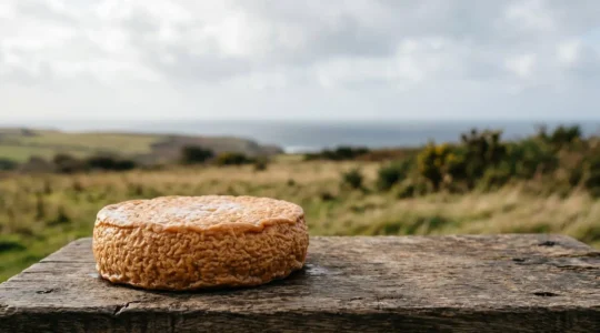 Plateau artisanal de fromages du Finistère posé sur une table en bois, avec en arrière-plan une prairie côtière brumeuse évoquant le climat océanique breton