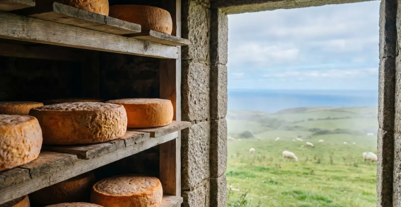 Meules de fromage à croûte lavée affinées dans une cave en pierre face à la campagne côtière du Finistère