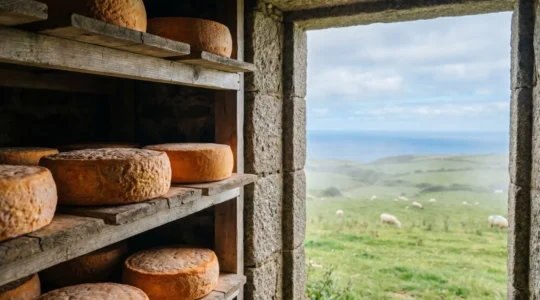 Meules de fromage à croûte lavée affinées dans une cave en pierre face à la campagne côtière du Finistère